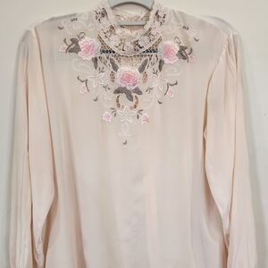 Floral Embroidered High-Neck Blouse in Soft Pink Size M The Silk